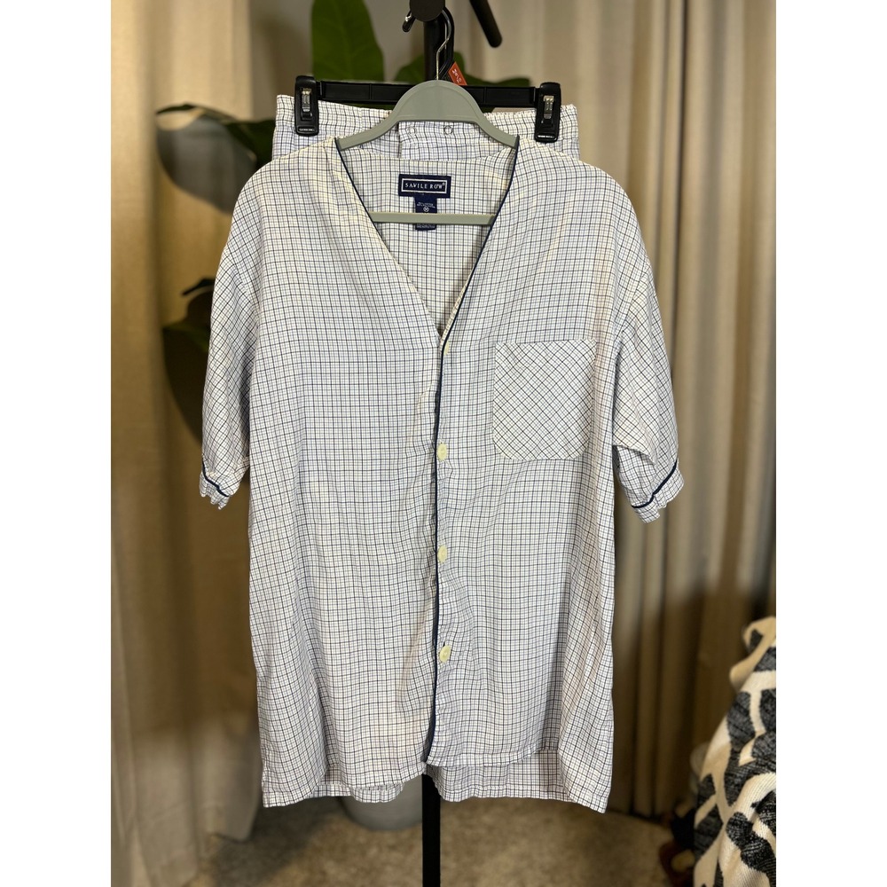 Savile Row Mens Pajama Set Blue White Grid Short Sleeve Button Front Medium